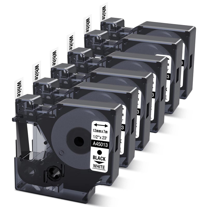 COLORWING 6-Pack Compatible Dymo D1 Label Tape 45013 1/2 Inch x 23 Ft Replace DYMO Label Maker Refills d1 a45013 S0720530  Black on White  for Dymo LabelManager 160 280 210D 360D 420P PnP - Image 1